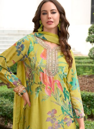 Green Chinon Readymade Salwar Suit with Embroidered and Sequins Work for Women