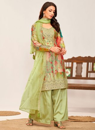 Green Chinon Readymade Salwar Suit with Embroidered, Mirror and Print Work