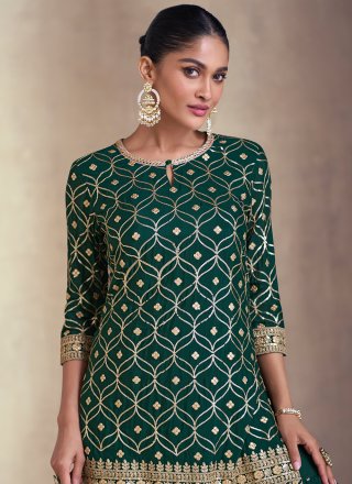 Green Chinon Readymade Salwar Suit with Embroidered Work for Ceremonial