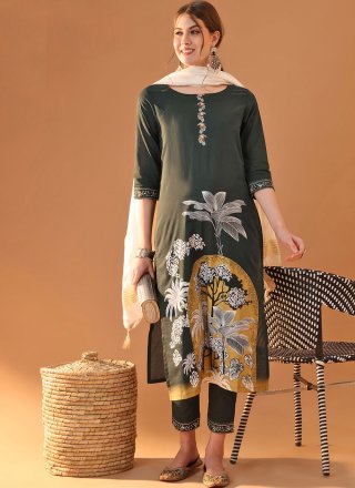 Green Cotton Block Print Work Readymade Salwar Suit