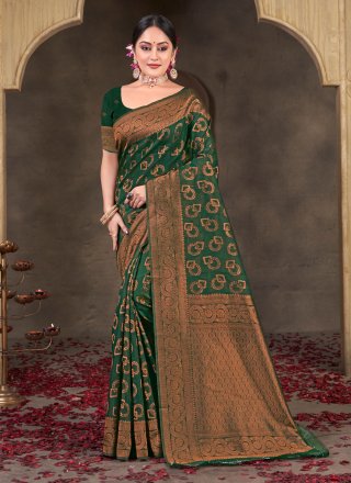 Green Cotton Casual Saree with Fancy Work for Women