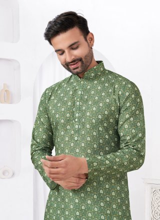Green Cotton Digital Print Work Kurta Pyjama