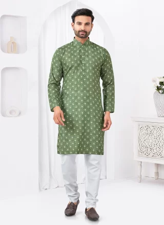 Green Cotton Digital Print Work Kurta Pyjama
