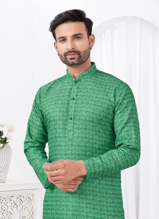 Green Cotton Digital Print Work Kurta Pyjama for Men