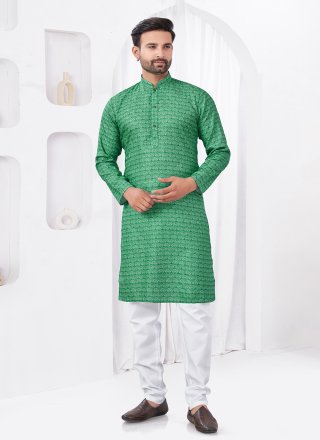 Green Cotton Digital Print Work Kurta Pyjama for Men