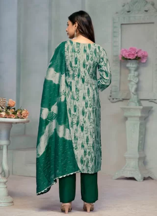 Green Cotton Embroidered and Print Work Readymade Salwar Suit for Casual