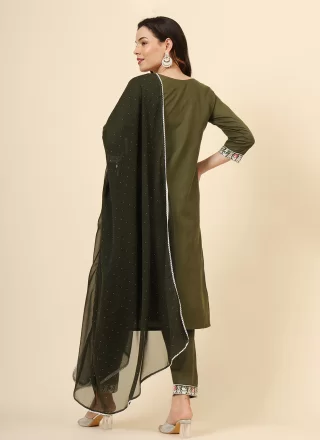 Green Cotton Embroidered Work Pant Style Suit