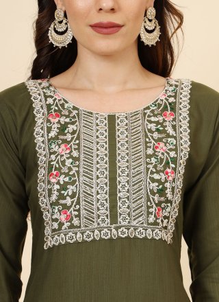 Green Cotton Embroidered Work Pant Style Suit