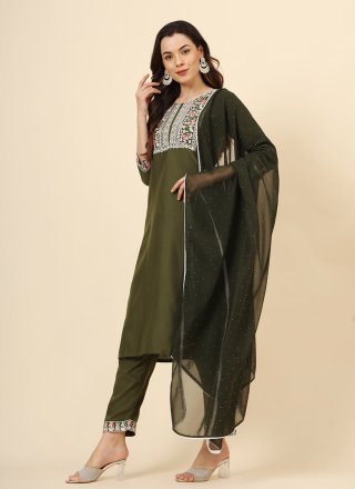 Green Cotton Embroidered Work Pant Style Suit