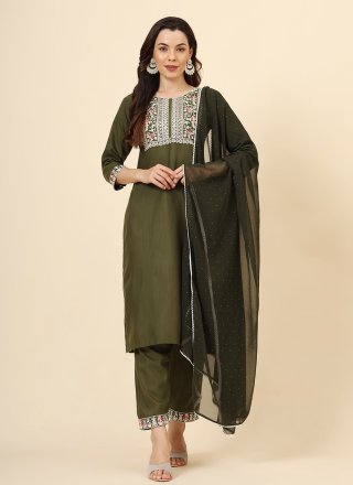 Green Cotton Embroidered Work Pant Style Suit