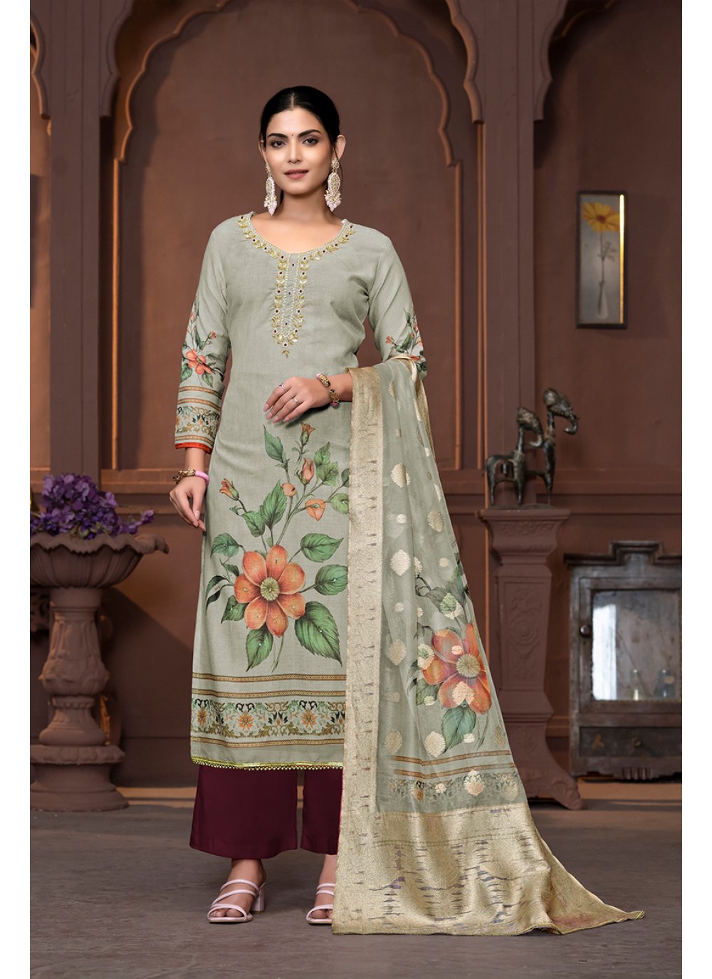Buy Green Cotton Hand and Print Work Palazzo Salwar Suit for Women