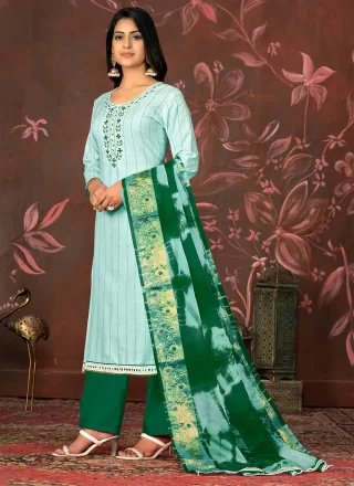 Green Cotton Hand Work Salwar Suit for Women