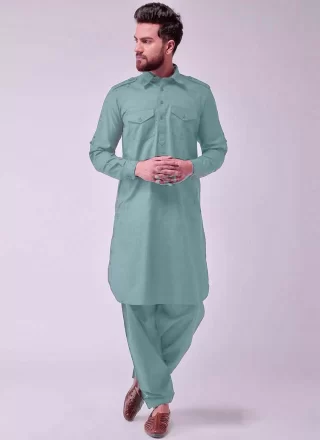 Green Cotton Kurta Pyjama In Plain for Men