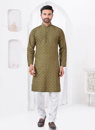 Green Cotton Kurta Pyjama with Digital Print Work for Casual