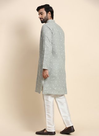 Green Cotton Kurta Pyjama with Embroidered Work for Men