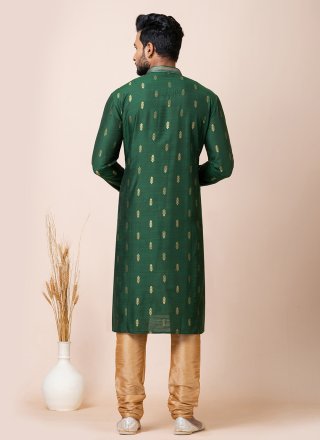 Green Cotton Kurta Pyjama with Jacquard Work for Men