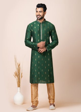 Green Cotton Kurta Pyjama with Jacquard Work for Men