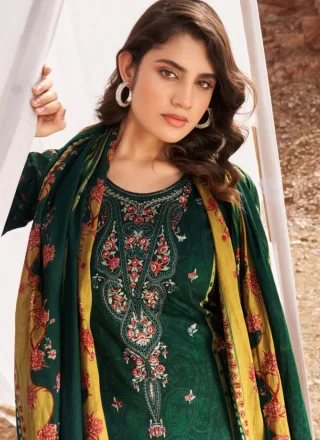 Green Cotton Lawn Salwar Suit with Digital Print and Embroidered Work for Women