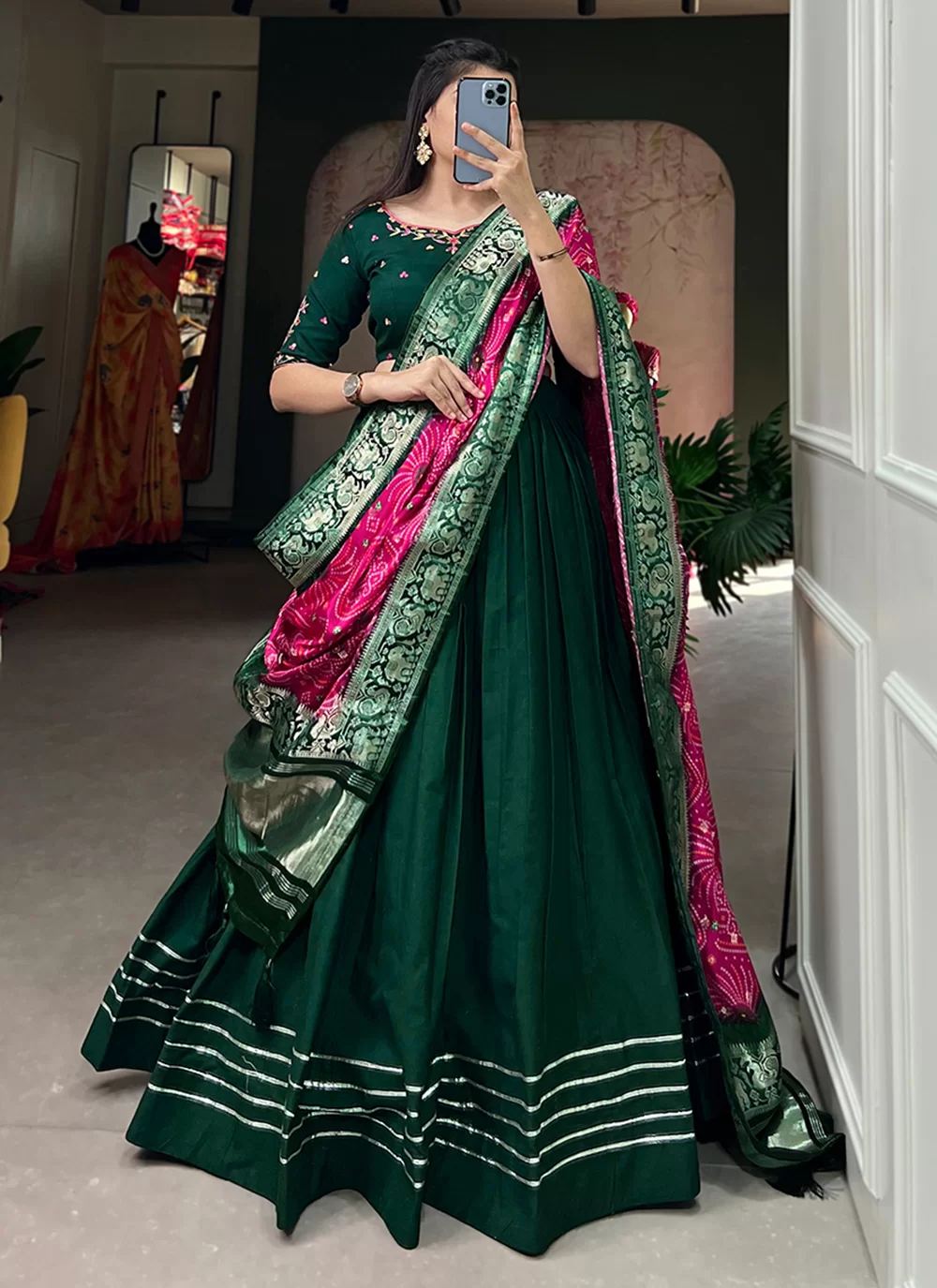 Green Cotton Lehenga Choli with Embroidered and Lace Work for Women Buy Online