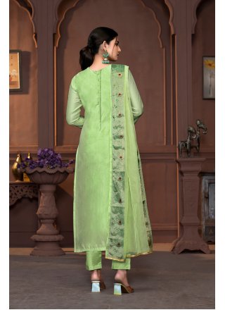 Green Cotton Pant Style Suit with Hand and Woven Work