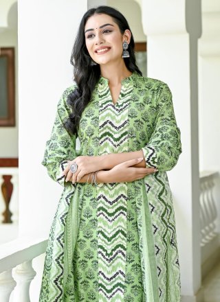 Green Cotton Print Work Readymade Salwar Suit for Casual