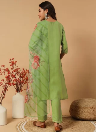 Green Cotton Readymade Salwar Suit with Embroidered and Zari Work