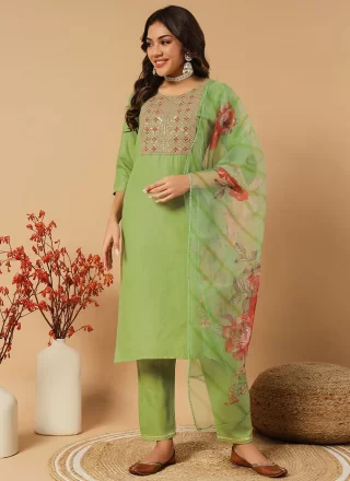 Green Cotton Readymade Salwar Suit with Embroidered and Zari Work
