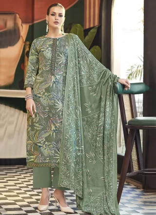 Green Cotton Salwar Suit with Digital Print and Embroidered Work for Women