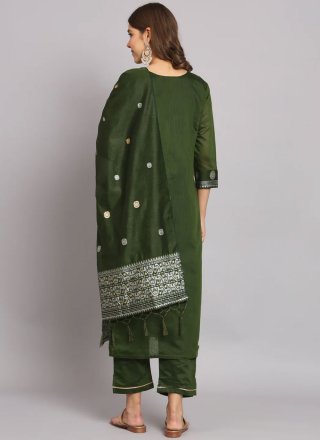 Green Cotton Silk Salwar Suit with Woven Work for Casual