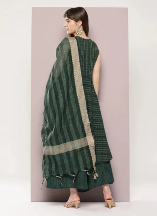 Green Cotton Strips Print Work Salwar Suit for Ceremonial