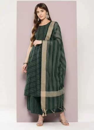 Green Cotton Strips Print Work Salwar Suit for Ceremonial