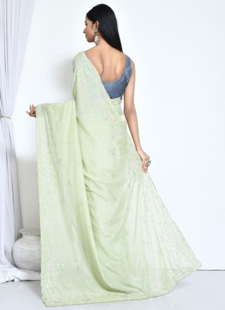 Green Crepe Silk Classic Sari with Embroidered and Sequins Work