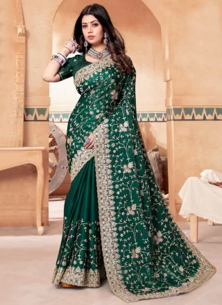 Green Crepe Silk Contemporary Saree with Cord, Diamond and Embroidered Work for Party
