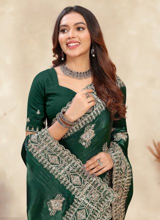 Green Crepe Silk Cord, Diamond and Embroidered Work Contemporary Sari for Party