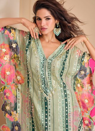 Green Crepe Silk Salwar Suit with Embroidered, Mirror, Print and Zari Work