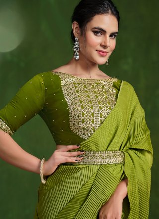 Green Crepe Silk Stone and Zari Work Traditional Saree for Ceremonial
