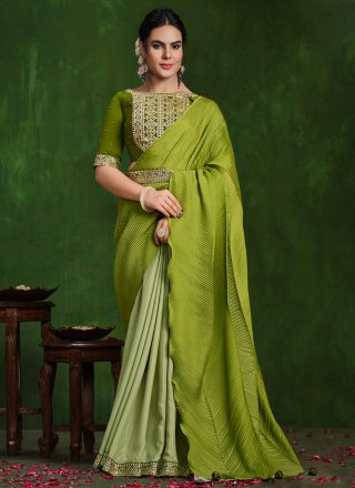 Green Crepe Silk Stone and Zari Work Traditional Saree for Ceremonial