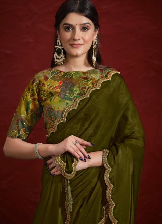 Green Cut, Embroidered and Sequins Work Crepe Silk Classic Saree