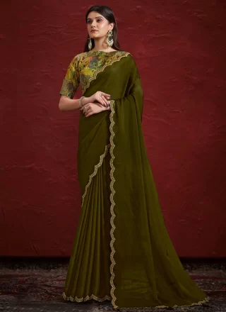 Green Cut, Embroidered and Sequins Work Crepe Silk Classic Saree