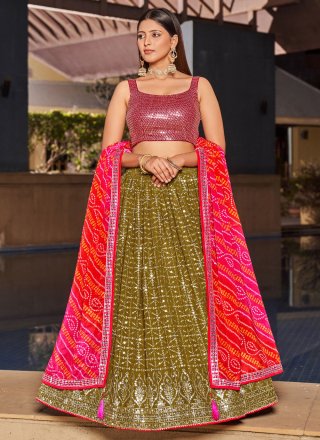 Green Digital Print, Embroidered and Sequins Work Georgette Lehenga Choli