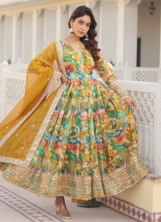 Green Digital Print, Embroidered and Sequins Work Silk Gown
