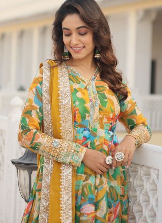 Green Digital Print, Embroidered and Sequins Work Silk Gown