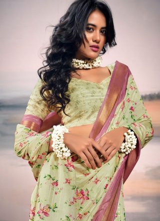 Green Digital Print Work Cotton Silk Contemporary Saree