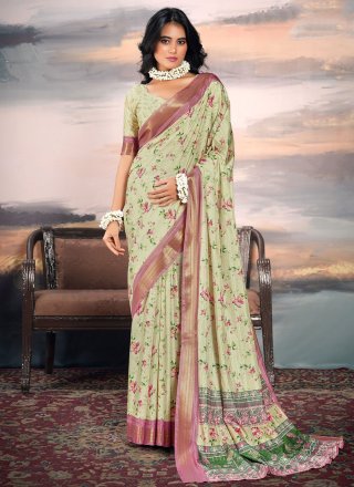 Green Digital Print Work Cotton Silk Contemporary Saree