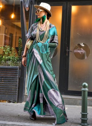 Green Digital Print Work Georgette Satin Classic Sari