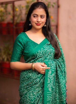 Green Digital Print Work Silk Blend Trendy Saree