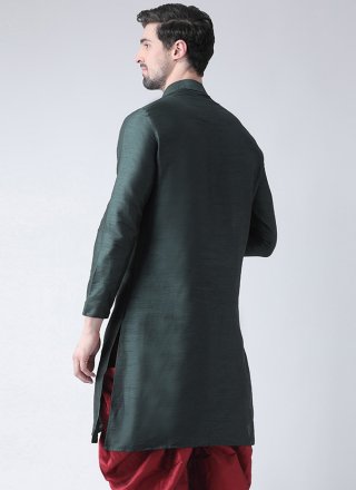 Green Dupion Silk Angrakha Mens Wear with Embroidered Work for Engagement
