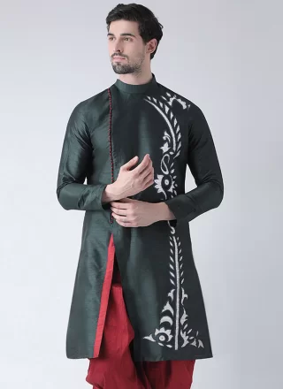 Green Dupion Silk Angrakha Mens Wear with Embroidered Work for Engagement