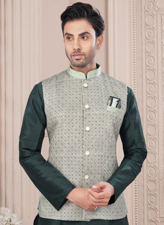 Green Dupion Silk Buttons Work Kurta Payjama with Jacket for Men