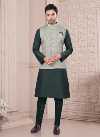 Green Dupion Silk Buttons Work Kurta Payjama with Jacket for Men